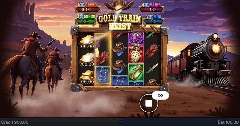 Gold Train Heist - მთავარი ეკრანი დაწნული ბარაბნებით და მეკობრეების ყურით